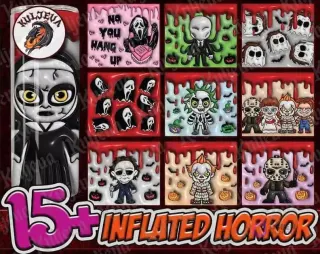 Imagen de tumbler de The Nun y un mosaico de 9 diseños 3D inflados de terror, incluyendo Ghostface, Slender Man, Beetlejuice, Jason, Chucky, Michael Myers, Pennywise y Annabelle.