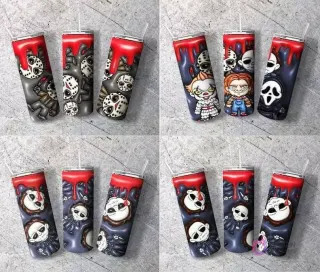 Colección de 4 sets de tumblers con diseños 3D inflados de personajes de terror como Jason Voorhees, Pennywise, Chucky, Ghostface y Michael Myers, algunos con sangre goteando.