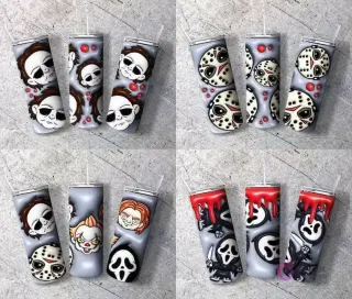 Colección de 4 sets de tumblers con diseños 3D inflados de Michael Myers, Jason Voorhees, Pennywise, Chucky y Ghostface.
