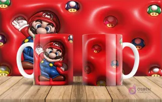 Plantilla de taza con diseño 3D inflado de Mario Bros y un fondo rojo con múltiples hongos del juego.