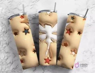 Plantillas de tumblers con diseño 3D inflado de estrellas coloridas sobre un fondo beige, con una forma central inflada.