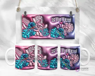 Plantilla de taza con diseño 3D inflado de Stitch y Angel de Lilo & Stitch, con un fondo degradado rosa-púrpura de hojas tropicales y texto STITCH.