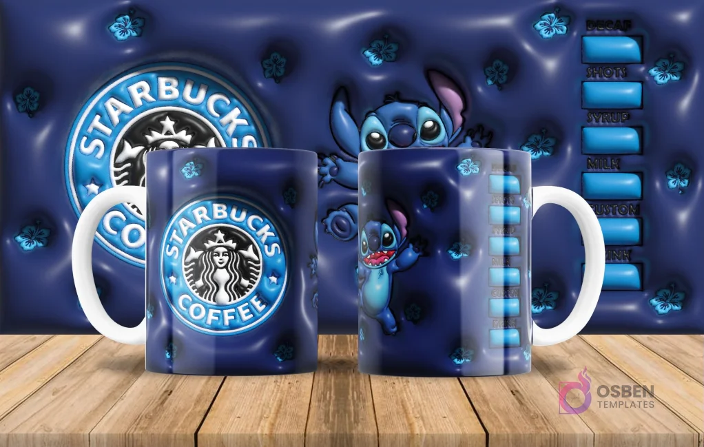 Plantilla de taza con diseño 3D inflado de Stitch, logo de Starbucks y menú de café, con un fondo azul de flores y caras de Stitch.