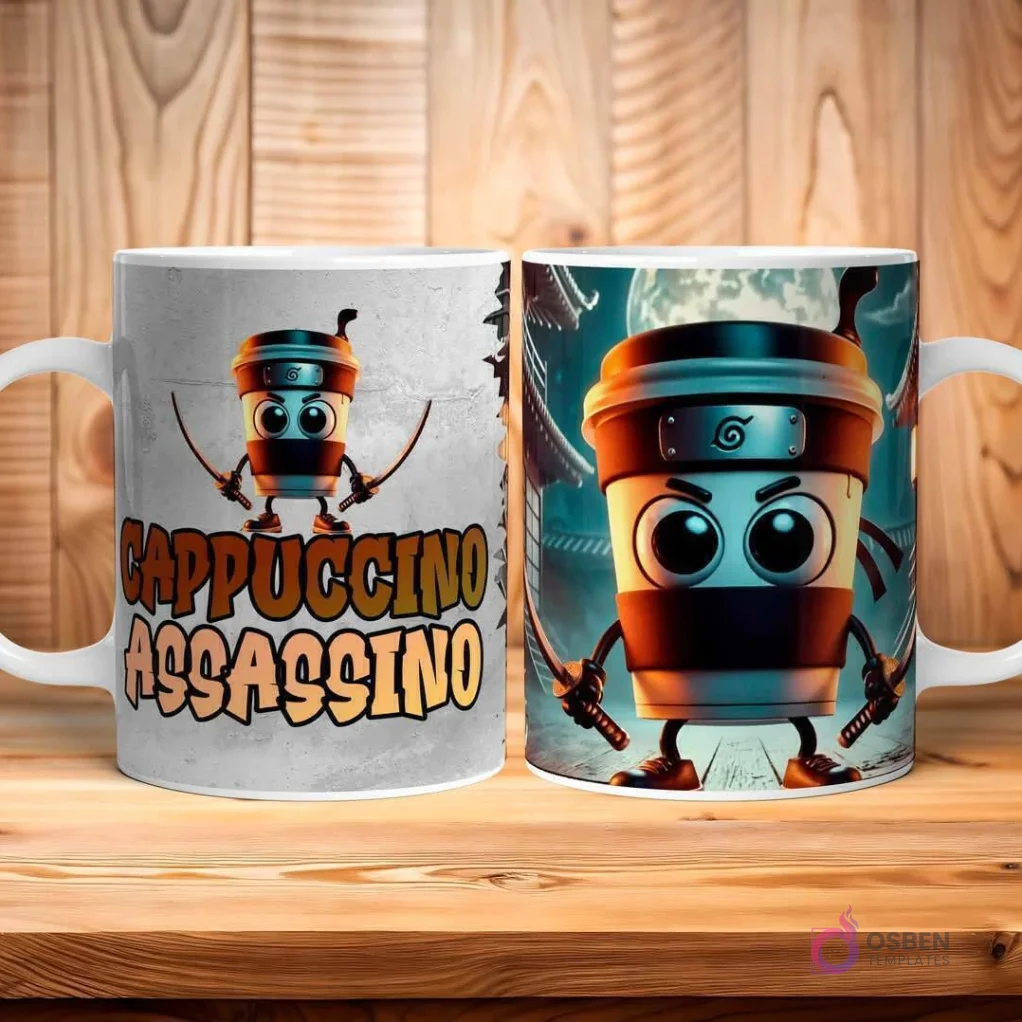 Taza blanca con diseño 'Cappuccino Assassino', mostrando un vaso de café ninja con espadas y fondos contrastantes de grunge y noche japonesa.