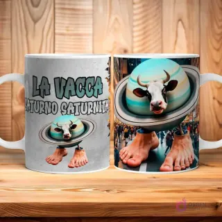 Taza blanca con diseño 'La Vacca Saturno Saturnita', presentando una vaca en un planeta Saturno con piernas humanas y fondos de grunge y calle de ciudad.