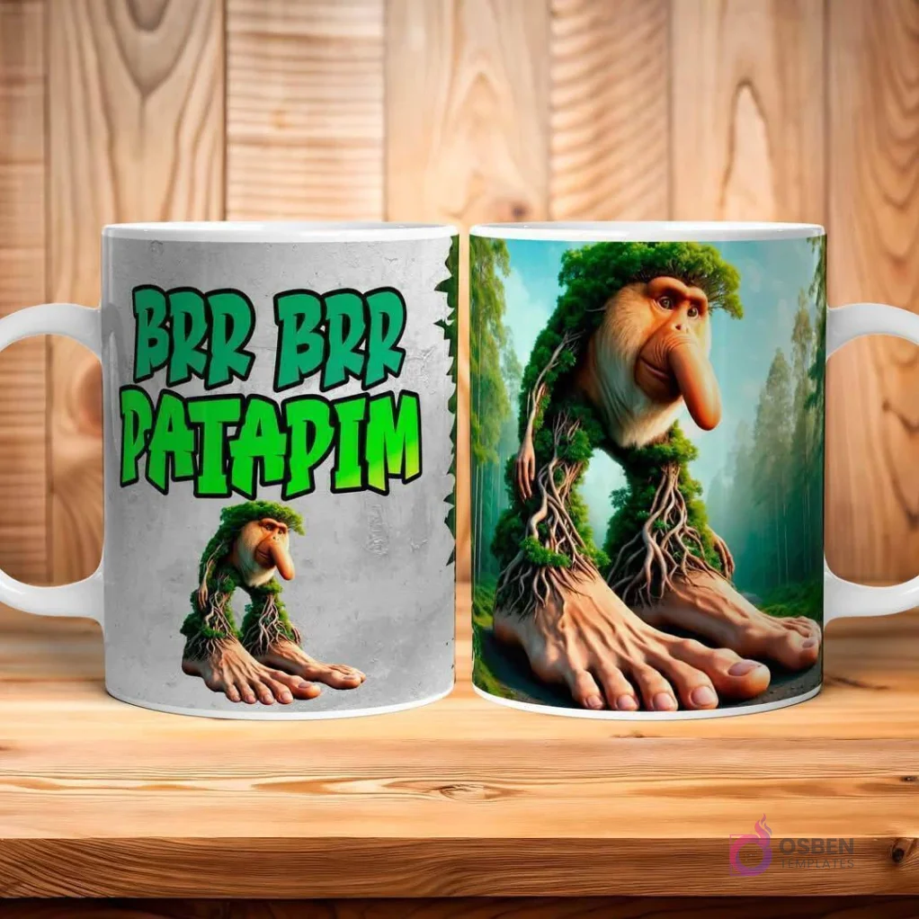 Taza blanca con diseño 'Brr Brr Patadim', una criatura boscosa de nariz grande y pies de raíces, con fondos de textura grunge y bosque frondoso.