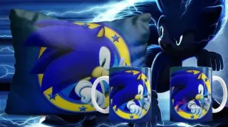 Plantilla sublimación Sonic moderno en cojín y tazas, con círculo de estrellas amarillo, fondo oscuro con rayos y Sonic sombrío.