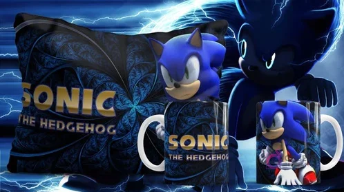 Plantilla sublimación Sonic The Hedgehog con texto dorado y fondo geométrico azul fractal en cojín y tazas, fondo oscuro con rayos.