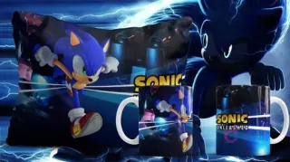 Plantilla sublimación Sonic Unleashed corriendo en cojín y tazas, con fondo azul abstracto y elementos futuristas, fondo oscuro con rayos.