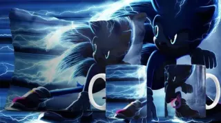 Plantilla sublimación Sonic a alta velocidad con efecto de ráfaga azul en cojín y tazas, fondo oscuro con rayos y Sonic sombrío.