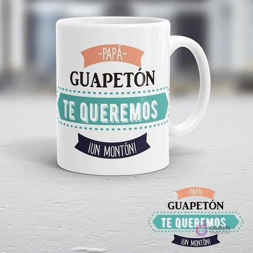 Taza blanca con diseño retro 'Papá Guapetón Te Queremos ¡Un Montón!' en tonos salmón y verde agua.