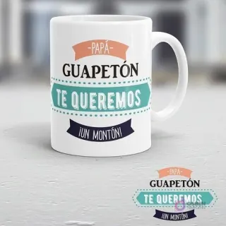 Taza blanca con diseño retro 'Papá Guapetón Te Queremos ¡Un Montón!' en tonos salmón y verde agua.