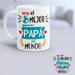 Taza para sublimar con diseño 'Eres el Mejor Papá del Mundo' que incluye un globo terráqueo y corazones.