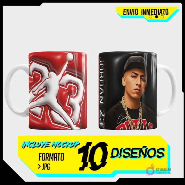 Taza sublimada con diseño 3D Jordan 23 en rojo y retrato de cantante urbano con gorra negra y cadenas de oro