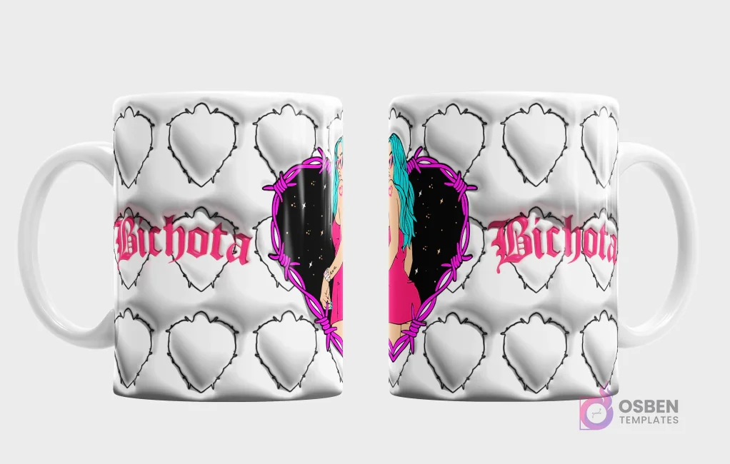 Taza sublimada con diseño 3D de corazones, alambre de púas y personaje estilo Bichota de Karol G con cabello azul