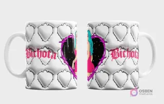 Taza sublimada con diseño 3D de corazones, alambre de púas y personaje estilo Bichota de Karol G con cabello azul