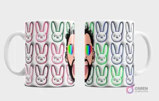 Taza sublimada con diseños 3D de conejos Bad Bunny y retrato de Bad Bunny con gafas de corazón arcoíris
