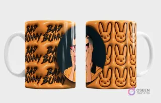 Taza sublimada con fondo naranja 3D 'BAD BUNNY' y personaje femenino de estilo urbano en caricatura