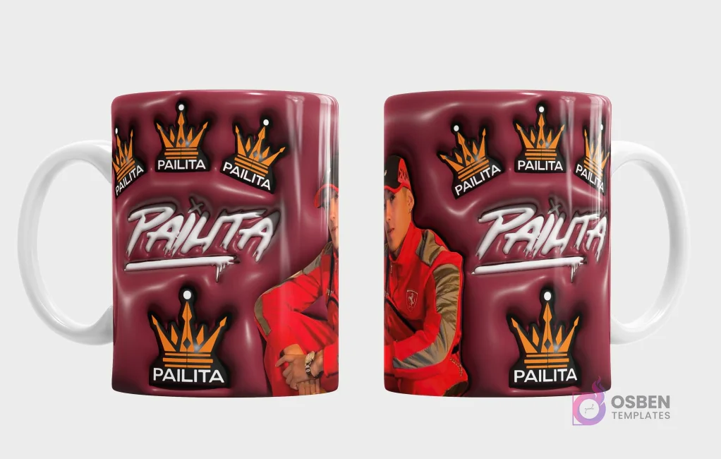 Taza sublimada con diseño 3D de coronas y nombre Pailita, junto a retrato del cantante urbano Pailita
