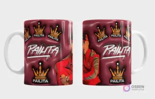 Taza sublimada con diseño 3D de coronas y nombre Pailita, junto a retrato del cantante urbano Pailita