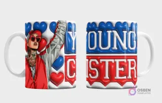 Taza sublimada con diseño 3D de corazones Young Cister y retrato de mujer tatuada con ropa urbana y gafas de corazón