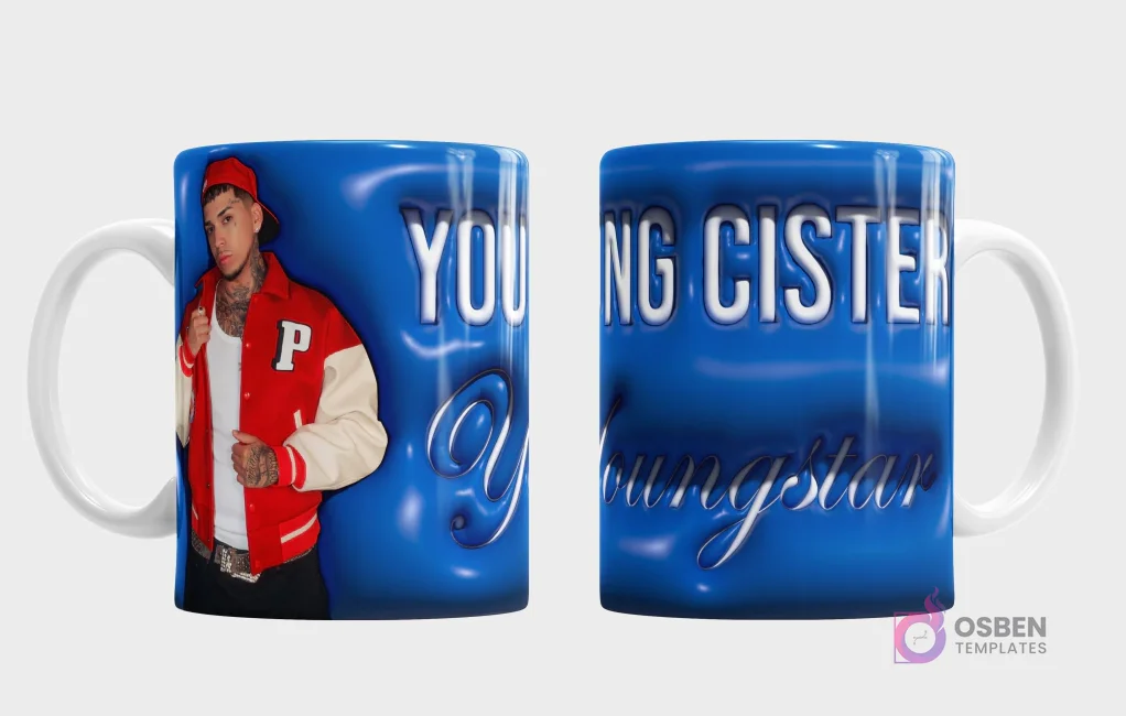 Taza sublimada con diseño 3D de 'Young Cister Youngstar' y retrato del cantante urbano Young Cister en chaqueta varsity