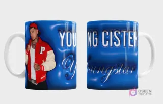 Taza sublimada con diseño 3D de 'Young Cister Youngstar' y retrato del cantante urbano Young Cister en chaqueta varsity