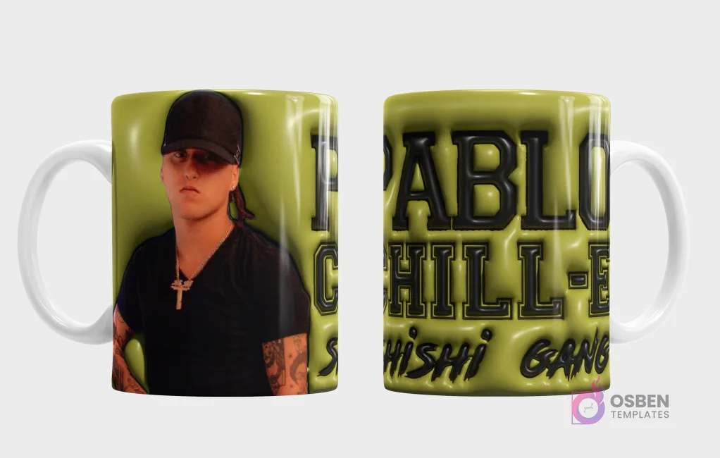 Taza sublimada con diseño 3D del nombre Pablo Chill-E Shishi Gang y retrato del cantante urbano Pablo Chill-E