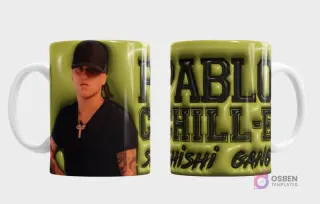 Taza sublimada con diseño 3D del nombre Pablo Chill-E Shishi Gang y retrato del cantante urbano Pablo Chill-E