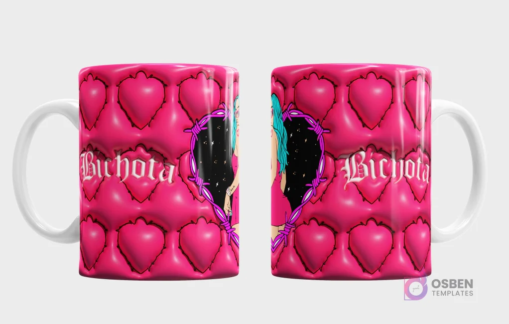 Taza sublimada con diseño 3D de corazones rosas, alambre de púas y personaje estilo Bichota de Karol G con cabello azul