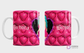 Taza sublimada con diseño 3D de corazones rosas, alambre de púas y personaje estilo Bichota de Karol G con cabello azul