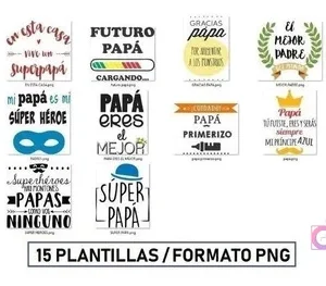 Muestra de 15 plantillas PNG para cojines del Día del Padre, con frases como 'Mi papá es mi superhéroe' y 'Súper Papá'.