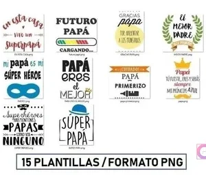 Cuadrícula mostrando los 15 diseños únicos en formato PNG para sublimación de cojines del Día del Padre, incluyendo frases como 'Superhéroe', 'Mejor Padre', 'Futuro Papá'.