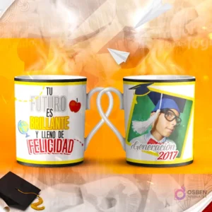Dos tazas mockup de graduación, una con espacio para foto del graduado y otra con la frase 'Soñar con el ÉXITO es bueno, pero Luchar para OBTENERLO ES MEJOR.'.