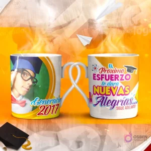 Dos tazas mockup de graduación, una con espacio para foto del graduado 'Generación 2017' y otra con la frase 'Nada ha terminado - HASTA EL MOMENTO en que dejas de INTENTARLO'.