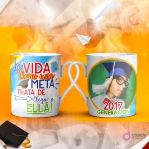 Dos tazas mockup de graduación, una con espacio para foto del graduado y otra con la frase 'NADIE deja de LLEGAR cuando de verdad se lo PROPONE!'.