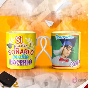 Dos tazas mockup de graduación, una con espacio para foto del graduado 'Generación 2017' y otra con la frase 'PON TU FUTURO EN BUENAS MANOS - Las Tuyas -'.