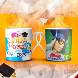 Dos tazas mockup de graduación, una con espacio para foto del graduado y otra con la frase 'UN GANADOR es un SOÑADOR que NUNCA se RINDE'.