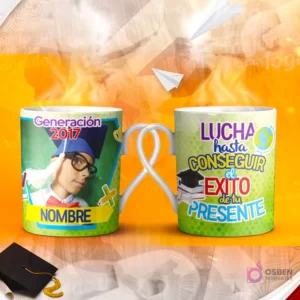 Dos tazas mockup de graduación, una con espacio para foto del graduado y otra con la frase 'NADIE deja de LLEGAR cuando de verdad se lo PROPONE!' con diseño moderno.