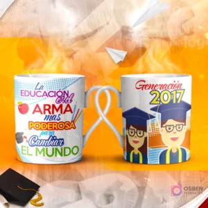 Dos tazas mockup de graduación, una con espacio para foto del graduado y otra con la frase 'DEMUESTRA a lo que VALES FELICIDADES' con fondo blanco y detalles geométricos.