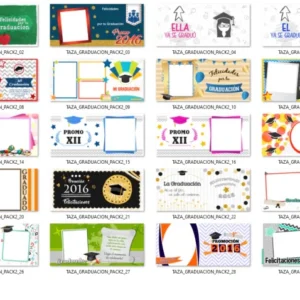 Vista previa en cuadrícula de 40 diseños para tazas de sublimación con temática de graduación, mostrando variedad de estilos y mensajes.