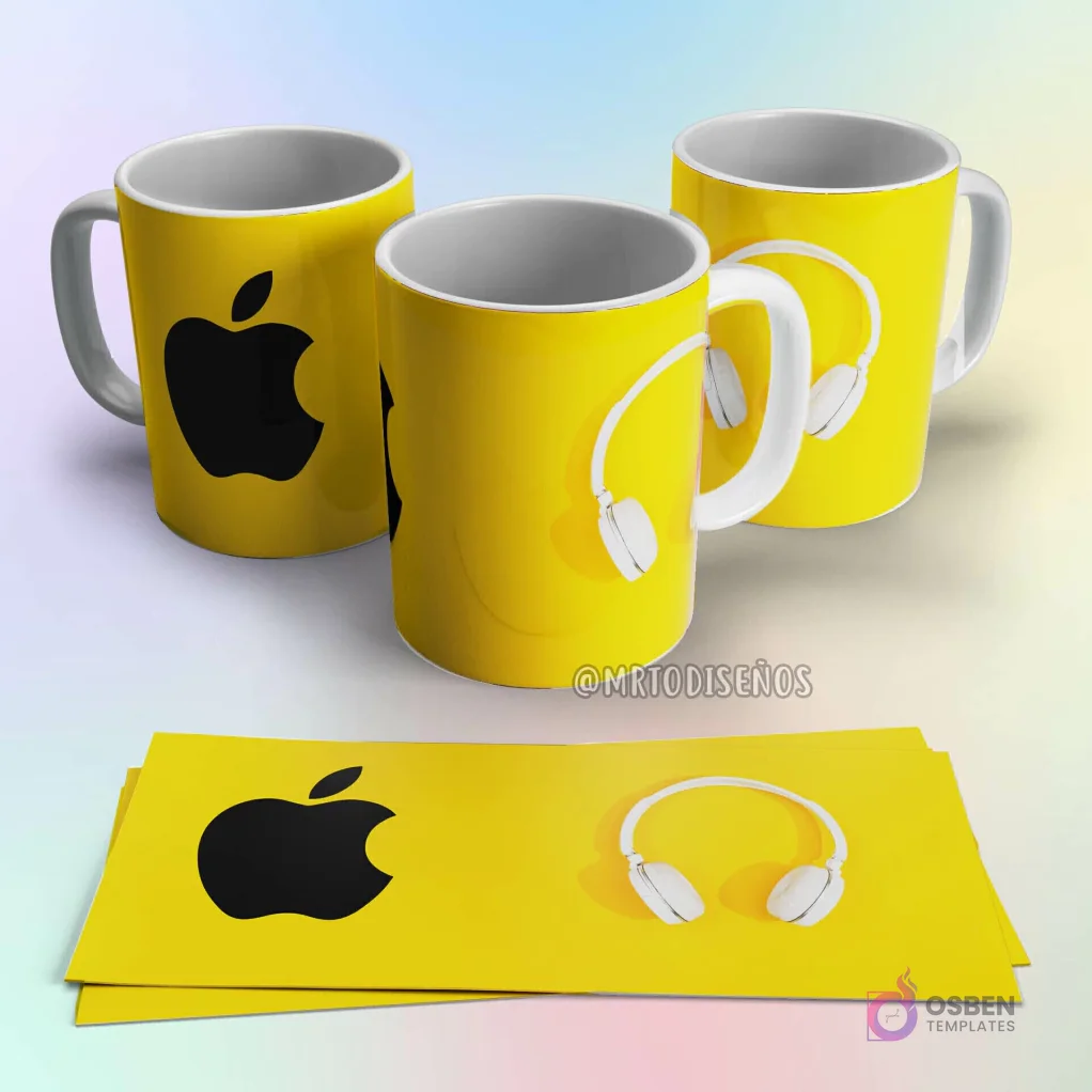 Taza de sublimación Apple amarilla con logo de manzana mordida en negro y silueta de auriculares blancos Taza de sublimación Apple amarilla con logo de manzana mordida en negro y silueta de auriculares blancos