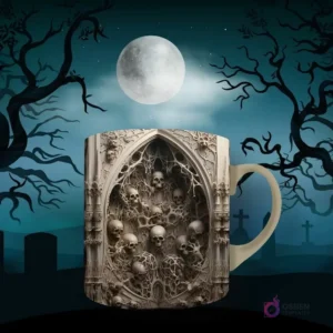 Taza de sublimación con diseño gótico de un arco ojival con múltiples calaveras incrustadas y detalles ornamentales. Fondo de luna llena y árboles sombríos.