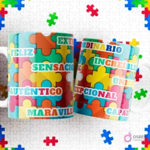 Dos tazas blancas con diseños de autismo sobre un fondo de piezas de puzzle. Ambas con múltiples palabras positivas como 'FELIZ, SENSACIONAL, AUTÉNTICO, MARAVILLOSO, INCREÍBLE, ÚNICO, EXCEPCIONAL, CAPAZ'.