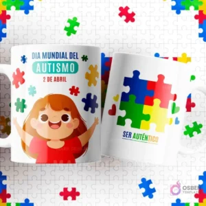 Dos tazas blancas con diseños de autismo sobre un fondo de piezas de puzzle. Una con 'DÍA MUNDIAL DEL AUTISMO 2 DE ABRIL' y una niña, la otra 'SER AUTÉNTICO' y un corazón de puzzle.