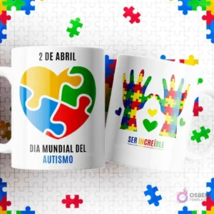 Dos tazas blancas con diseños de autismo sobre un fondo de piezas de puzzle. Una con '2 DE ABRIL DÍA MUNDIAL DEL AUTISMO' y un corazón de puzzle, la otra con manos formando un corazón de puzzle y 'SER INCREÍBLE'.