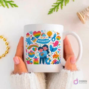 Manos sujetando una taza blanca con ilustración de personajes abrazándose, rodeados de símbolos de autismo y la palabra 'INTEGRACIÓN'. Detalles de arcoíris y casa.