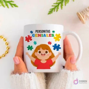 Manos sujetando una taza blanca con una niña feliz y piezas de puzzle de colores, junto a la frase 'PERSONITAS GENIALES'.