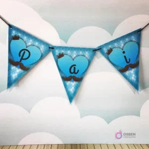 Banderines decorativos de papel en azul y blanco con las letras 'P-A-I', corazones y bigotes, ideales para la decoración de un Candy Bar temático del Día del Padre.