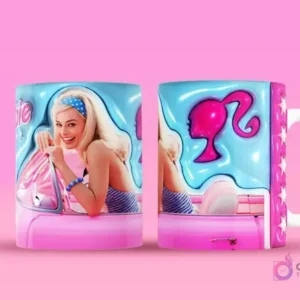 Taza sublimada con Barbie conduciendo un coche rosa, levantando el pulgar, y reverso con silueta de Barbie y coche